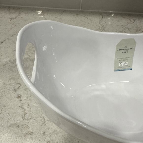 White Handled SERVING BOWL 13x7.5” Melamine ARTISAN DE LUXE Salad Serve NEW - Picture 3 of 8